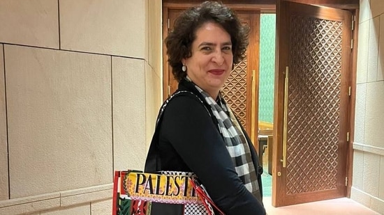 Congress general secretary Priyanka Vadra carries bag with 'Palestine' emblazoned on it during the Winter Session of Parliament.(Dr Shama Mohammed/X)