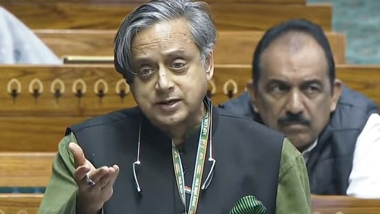 Congress MP Shashi Tharoor speaking in Lok Sabha during the Winter Session of Parliament, in New Delhi last week. (Sansad TV/ ANI)