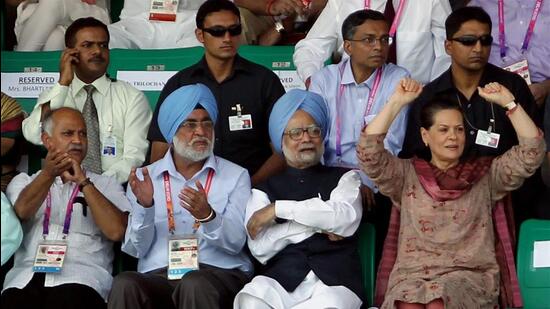 Prime Minister Manmohan Singh and Congress President Sonia Gandhi along with other dignitaries watching the men's hockey final match between India and Australia during the Commonwealth Games 2010, at Major Dhyan Chand National Stadium in New Delhi. on October 14, 2010. (PTI)