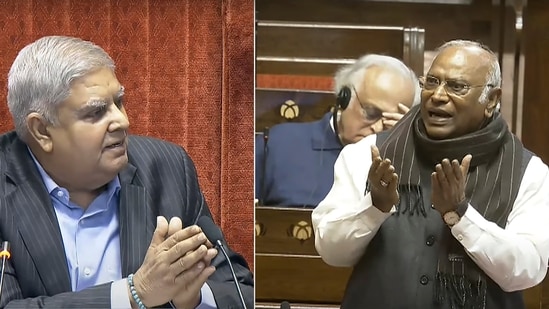 Rajya Sabha Chairman Jagdeep Dhankhar conducts proceedings as Leader of Opposition Mallikarjun Kharge speaks in the House during the Winter session of Parliament, in New Delhi, Monday, Dec. 9, 2024.(PTI) Rajya Sabha Chairman Jagdeep Dhankhar conducts proceedings as Leader of Opposition Mallikarjun Kharge speaks in the House during the Winter session of Parliament, in New Delhi, Monday, Dec. 9, 2024.(PTI)