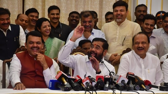 Mahayuti Alliance leaders after meeting with the ministry list to Governor of Maharashtra CP Radakrishnan. (Bhushan Koyande/HT Photo) Mahayuti Alliance leaders after meeting with the ministry list to Governor of Maharashtra CP Radakrishnan. (Bhushan Koyande/HT Photo)