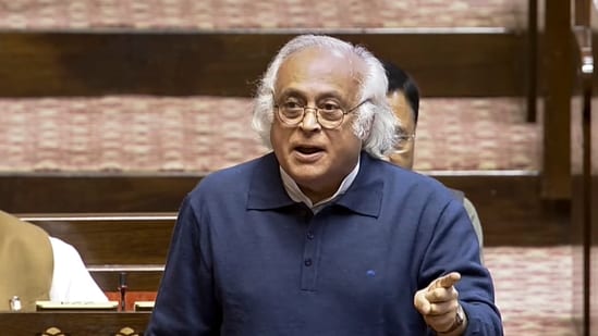 Congress MP Jairam Ramesh speaks in the Rajya Sabha during the Winter session of Parliament in New Delhi on Friday. (PTI Photo) (PTI)