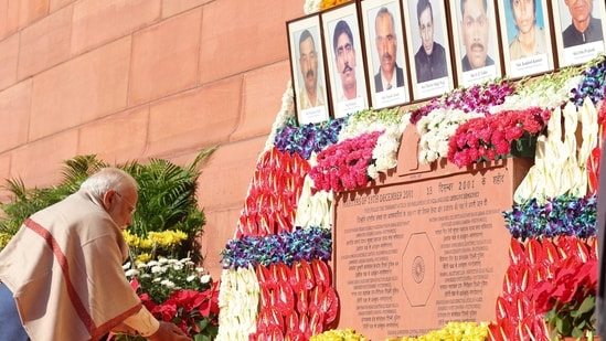 Prime Minister Narendra Modi pays tribute to the martyrs of the 2001 Parliament attack. (X-@narendramodi)