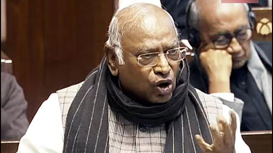 Leader of Opposition in Rajya Sabha Mallikarjun Kharge speaks in the House on Monday. (Sansad TV)