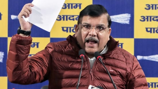 Aam Aadmi Party (AAP) MP Sanjay Singh addresses a press conference. (File image)(PTI)