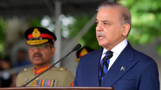 Pakistan's Prime Minister Shehbaz Sharif at the passing out parade at the Pakistan Military Academy (PMA) Kakul, in Abbottabad.(AFP) Pakistan's Prime Minister Shehbaz Sharif at the passing out parade at the Pakistan Military Academy (PMA) Kakul, in Abbottabad.(AFP)