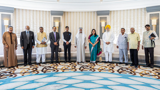 An All-party delegation led by Shiv Sena MP Shrikant Shinde in a group picture with UAE Minister of Minister of Tolerance Sheikh Nahyan bin Mubarak Al Nahyan.(India in UAE - X) An All-party delegation led by Shiv Sena MP Shrikant Shinde in a group picture with UAE Minister of Minister of Tolerance Sheikh Nahyan bin Mubarak Al Nahyan.(India in UAE - X)