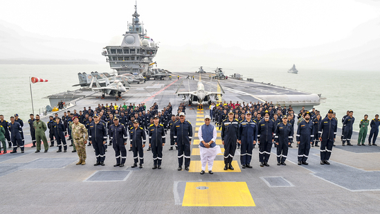 Union Defence Minister Rajnath Singh, Chief of the Naval Staff (CNS) Admiral Dinesh K Tripathi and others during an interaction aboard aircraft carrier INS Vikrant off Goa.(PTI) Union Defence Minister Rajnath Singh, Chief of the Naval Staff (CNS) Admiral Dinesh K Tripathi and others during an interaction aboard aircraft carrier INS Vikrant off Goa.(PTI)