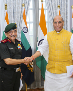 Defence minister Rajnath Singh with Chief of Defence Staff General Anil Chauhan during the latter’s book release programme in New Delhi on Thursday. (PTI) Defence minister Rajnath Singh with Chief of Defence Staff General Anil Chauhan during the latter’s book release programme in New Delhi on Thursday. (PTI)