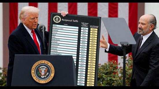 US President Donald Trump holds a chart next to US Secretary of Commerce Howard Lutnick as Trump delivers remarks on tariffs in the Rose Garden at the White House in Washington, D.C., U.S., on April 2 (REUTERS) US President Donald Trump holds a chart next to US Secretary of Commerce Howard Lutnick as Trump delivers remarks on tariffs in the Rose Garden at the White House in Washington, D.C., U.S., on April 2 (REUTERS)