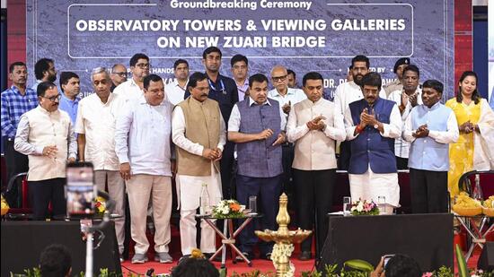 Cortalim: Union minister Nitin Gadkari lays the foundation stone for an observatory tower and viewing galleries atop the New Zuari Bridge in the presence of Goa CM Pramod Sawant and Union minister Shripad Naik (PTI) Cortalim: Union minister Nitin Gadkari lays the foundation stone for an observatory tower and viewing galleries atop the New Zuari Bridge in the presence of Goa CM Pramod Sawant and Union minister Shripad Naik (PTI)