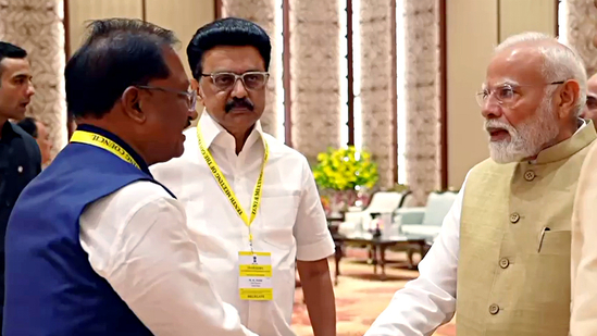 New Delhi, May 24 (ANI): Prime Minister Narendra Modi with Chhattisgarh Chief Minister Vishnu Deo Sai and Tamil Nadu Chief Minister MK Stalin during the 10th NITI Aayog Governing Council Meeting on 'Viksit Rajya for Viksit Bharat@2047', at Bharat Mandapam in New Delhi on Saturday. (ANI Photo) (ANI Picture Service ) New Delhi, May 24 (ANI): Prime Minister Narendra Modi with Chhattisgarh Chief Minister Vishnu Deo Sai and Tamil Nadu Chief Minister MK Stalin during the 10th NITI Aayog Governing Council Meeting on 'Viksit Rajya for Viksit Bharat@2047', at Bharat Mandapam in New Delhi on Saturday. (ANI Photo) (ANI Picture Service )