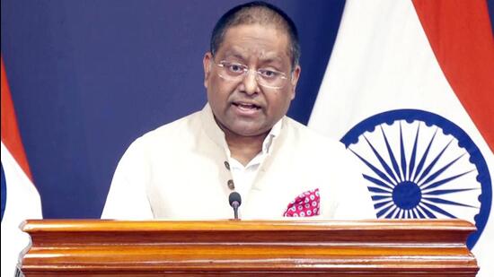 Ministry of External Affairs (MEA) spokesperson Randhir Jaiswal addresses a press briefing in New Delhi on Thursday. (ANI Grab)