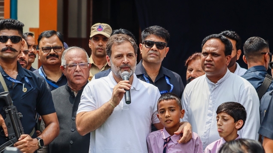 Rahul Gandhi visited a school in Jammu and Kashmir's Poonch and met the students there on Saturday.(PTI) Rahul Gandhi visited a school in Jammu and Kashmir's Poonch and met the students there on Saturday.(PTI)