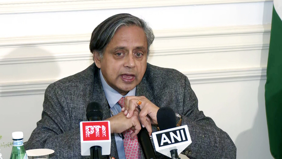 All-party delegation leader Congress MP Shashi Tharoor interacted with young professionals for Operation Sindoor global outreach on Thursday. (ANI Photo)(ANI)